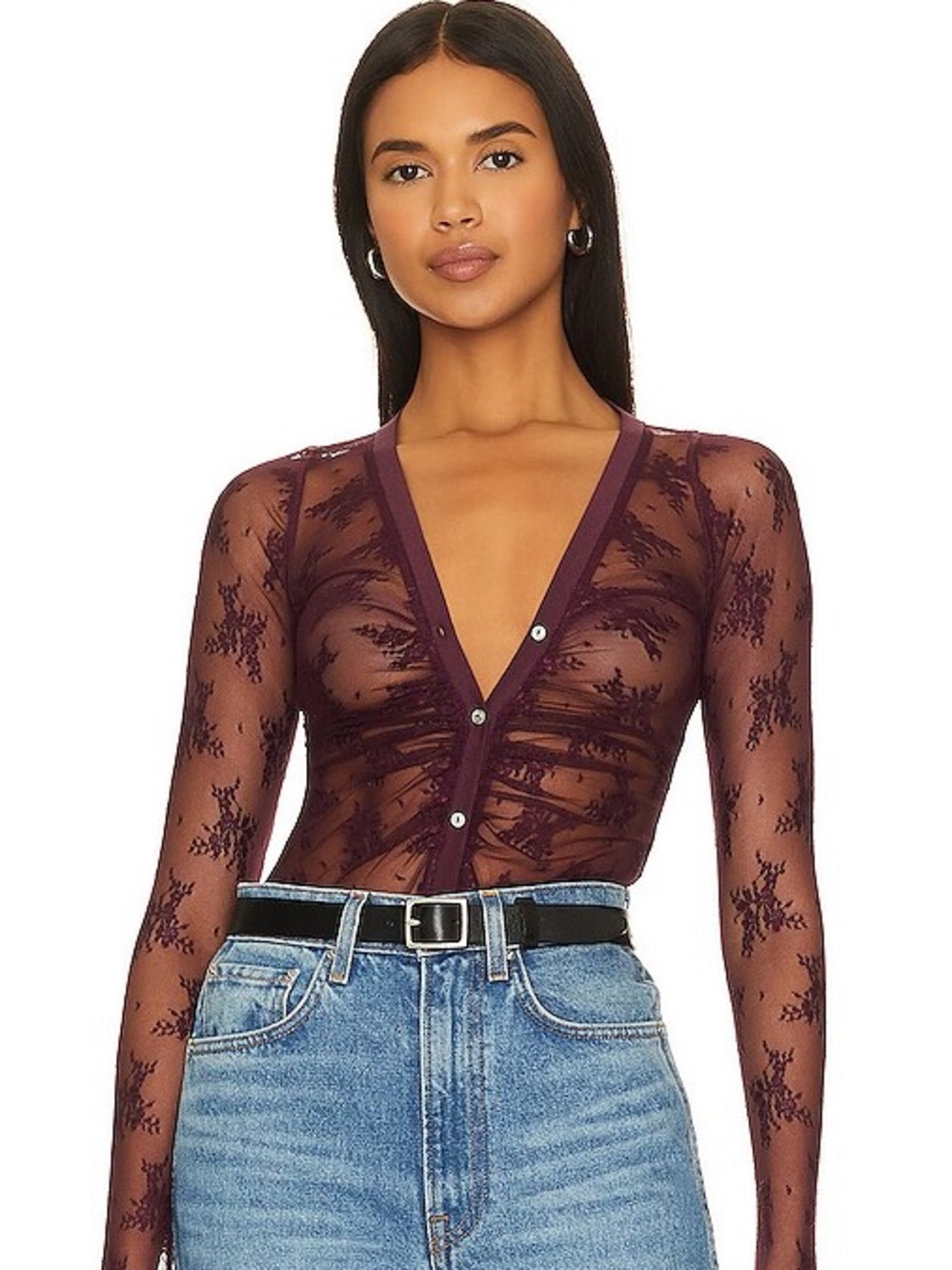 Free People Plum Sheer Lace Button-Front Bodysuit